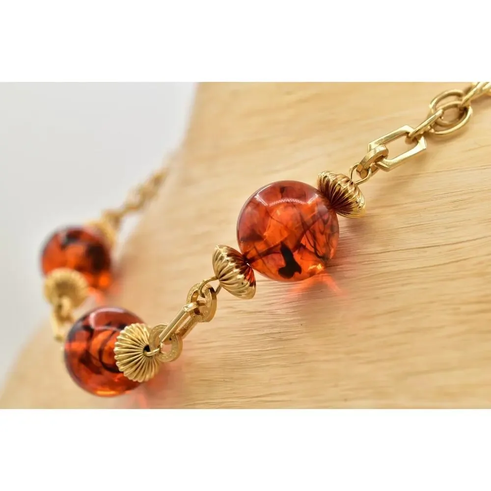 Vintage Collar Necklace Tortoise Station Gold Tone Chain Chunky 1980s BinBJ